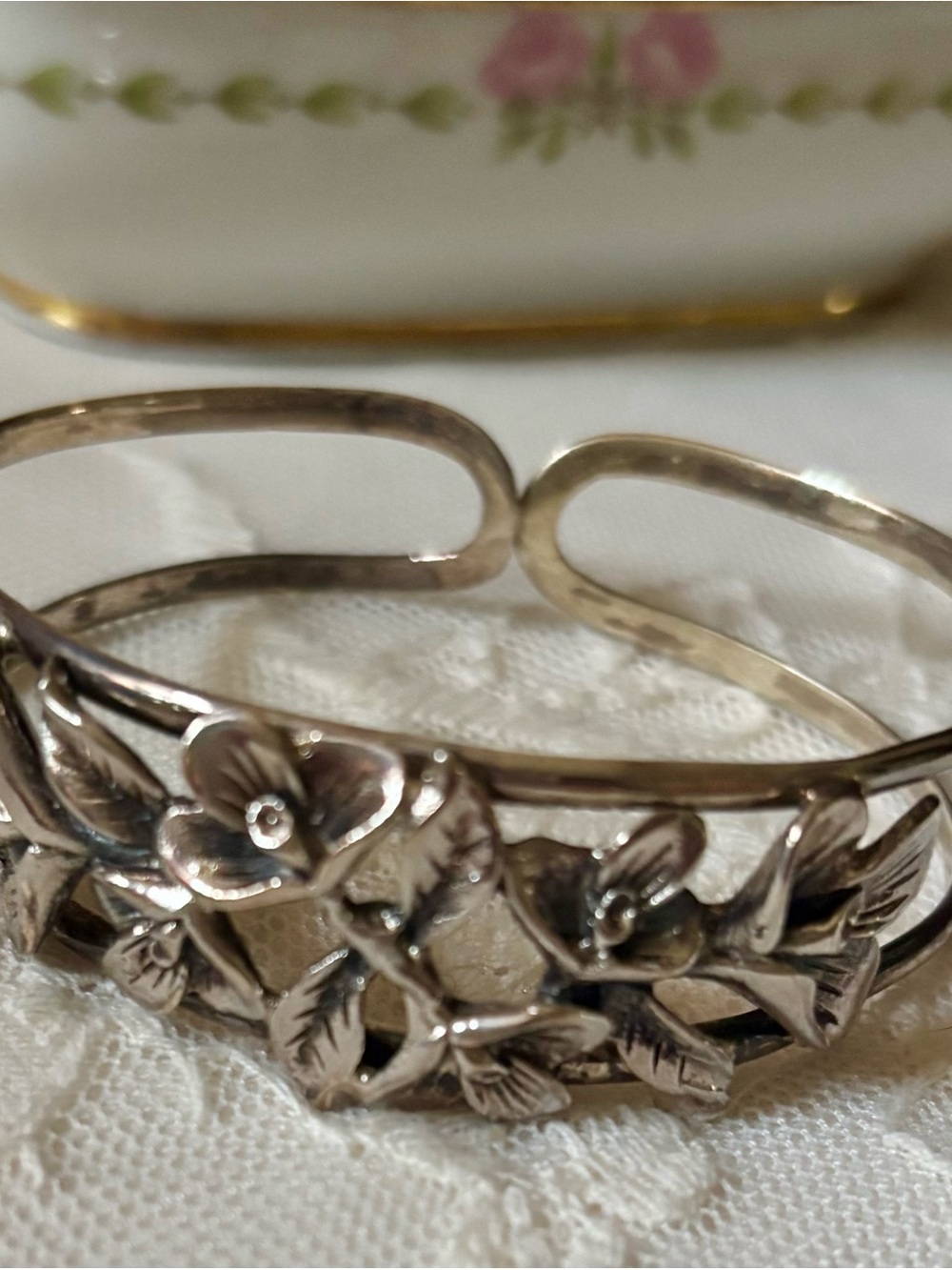 Silver 925 Floral Cuff Bracelet - Vintage Jewelry